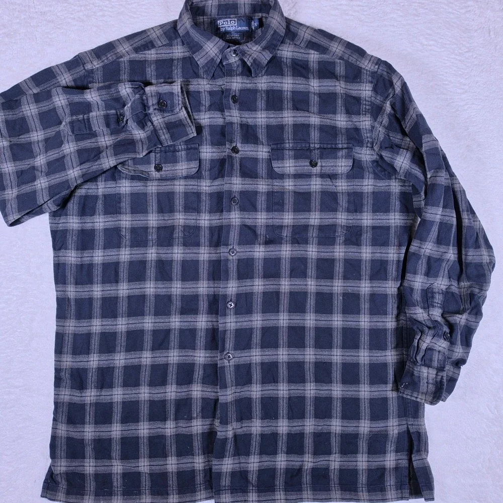 Polo Ralph Lauren Benford Mens M Navy Blue Beige Plaid L/S Flannel Button Down